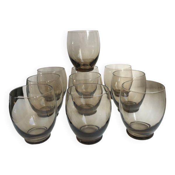 lot de 9 verres à eau design en verre fumé art déco années 30