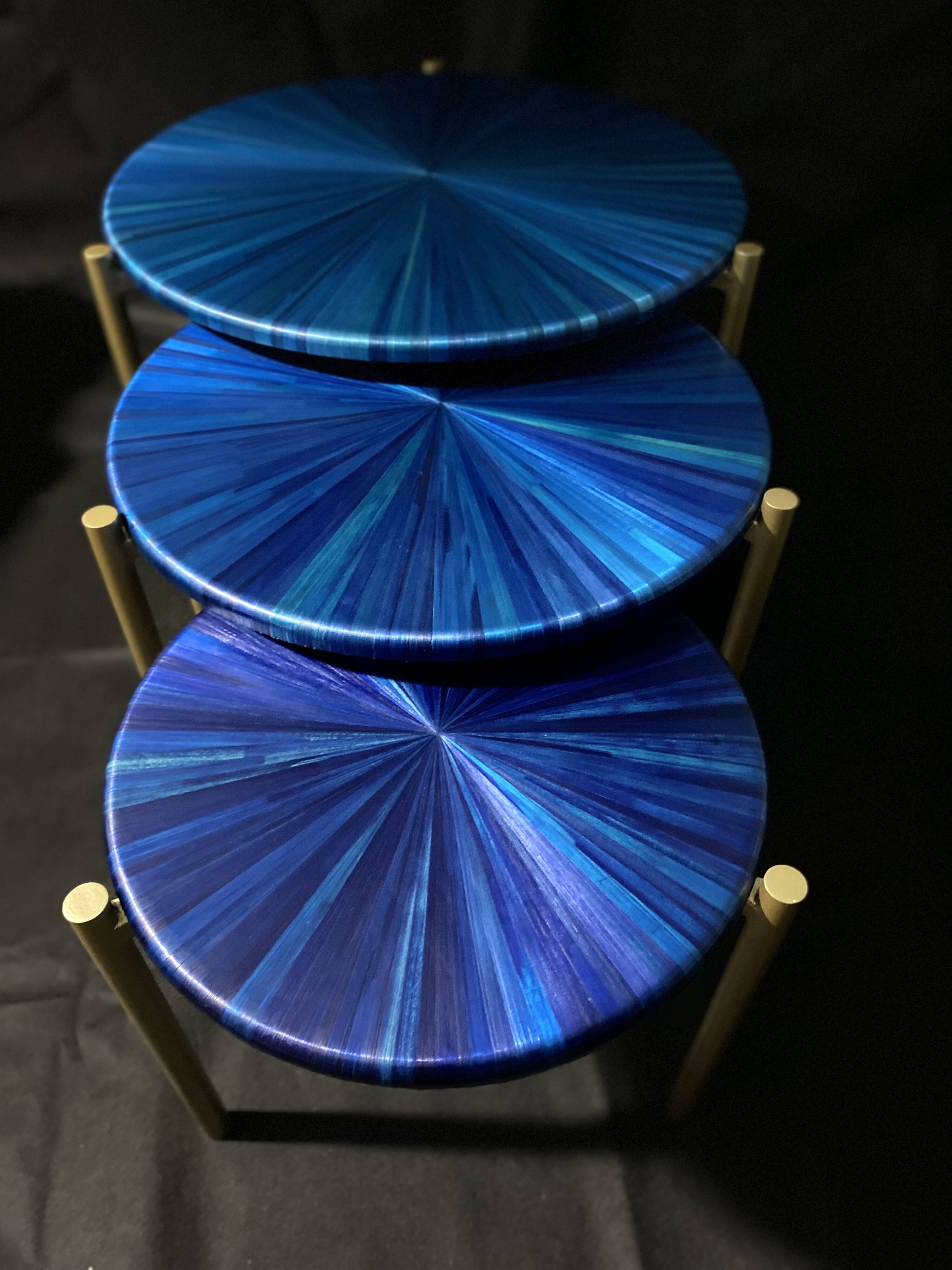 Straw marquetry nesting tables