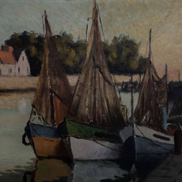 Huile sur carton bateaux de pêche à quai XXe par Moufunt