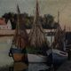 Oil on cardboard fishing boats at the quayside 20th century by Moufunt