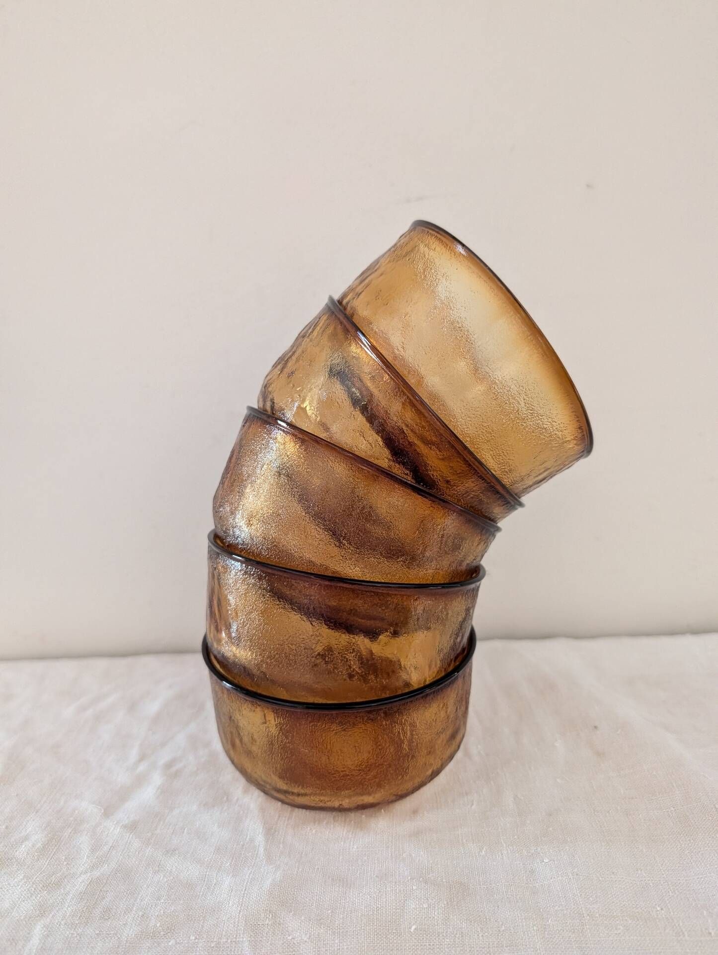 5 textured amber glass bowls – France, 1970s