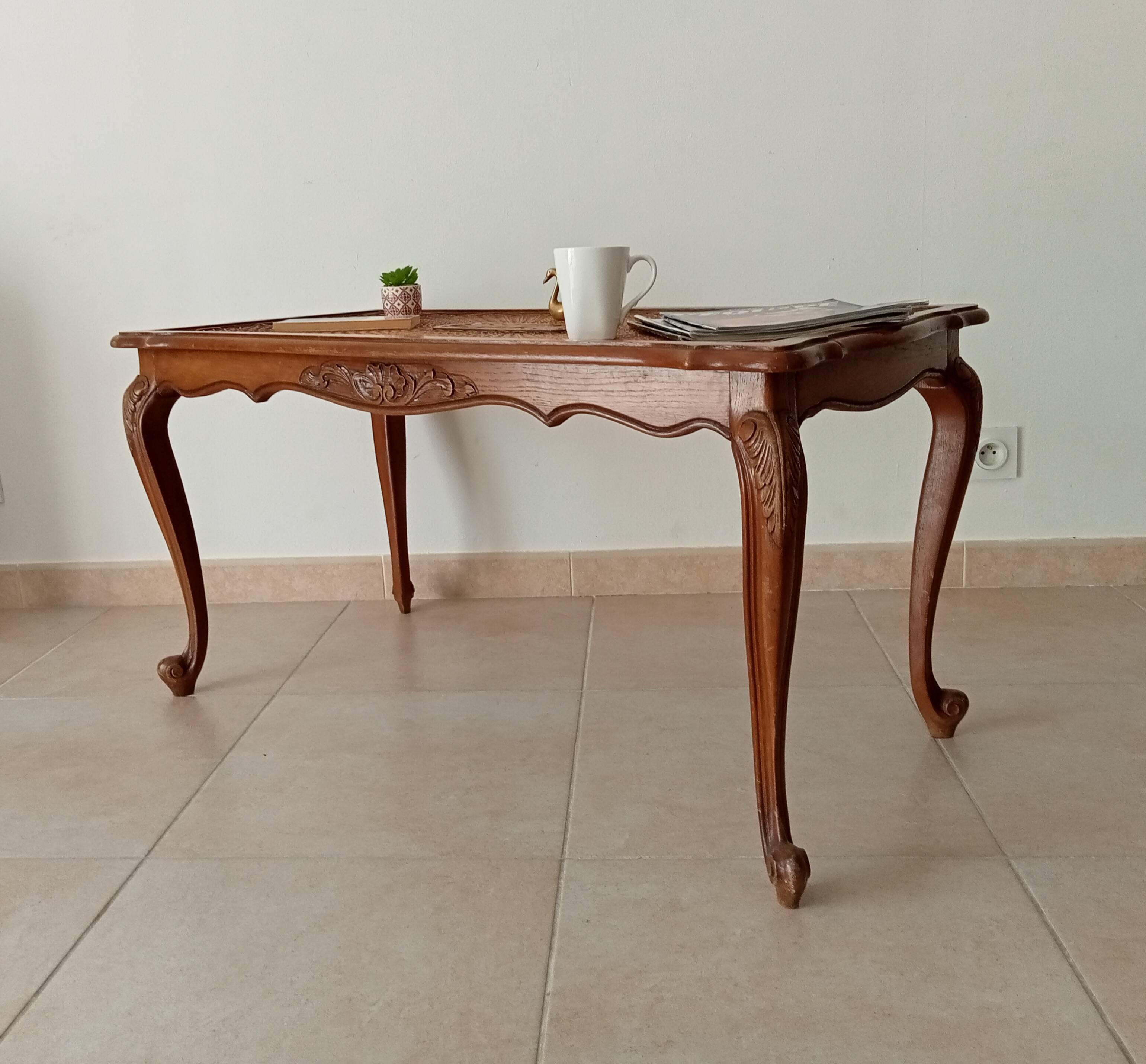 Vintage Chippendale coffee table in Louis XV style beech and rattan