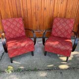 Pair of Art Deco burgundy armchairs in curved wood and fabric by Jindrich Halabala (1930s)