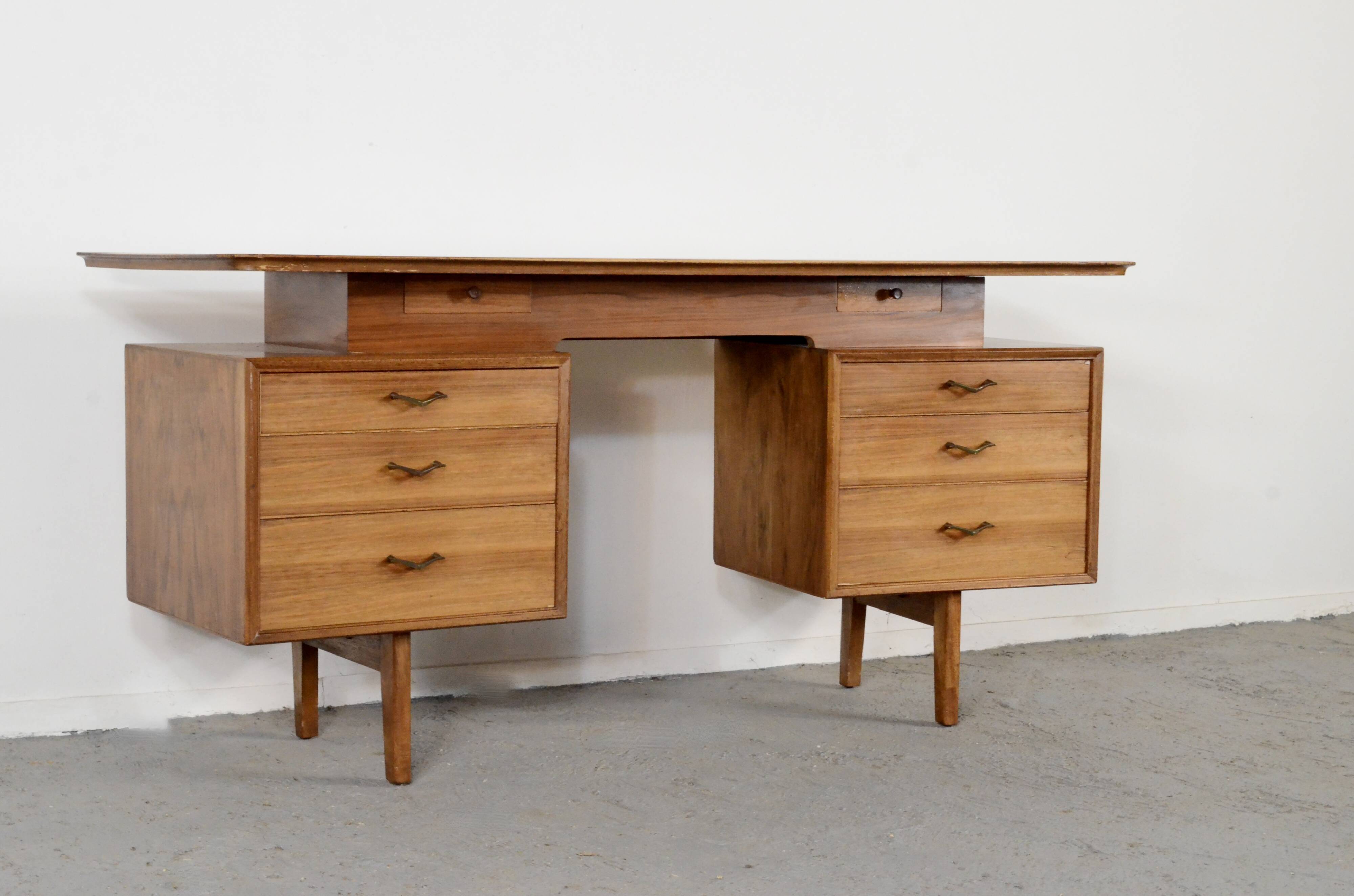 Midcentury Alfred Cox Desk In Walnut And Brass.
