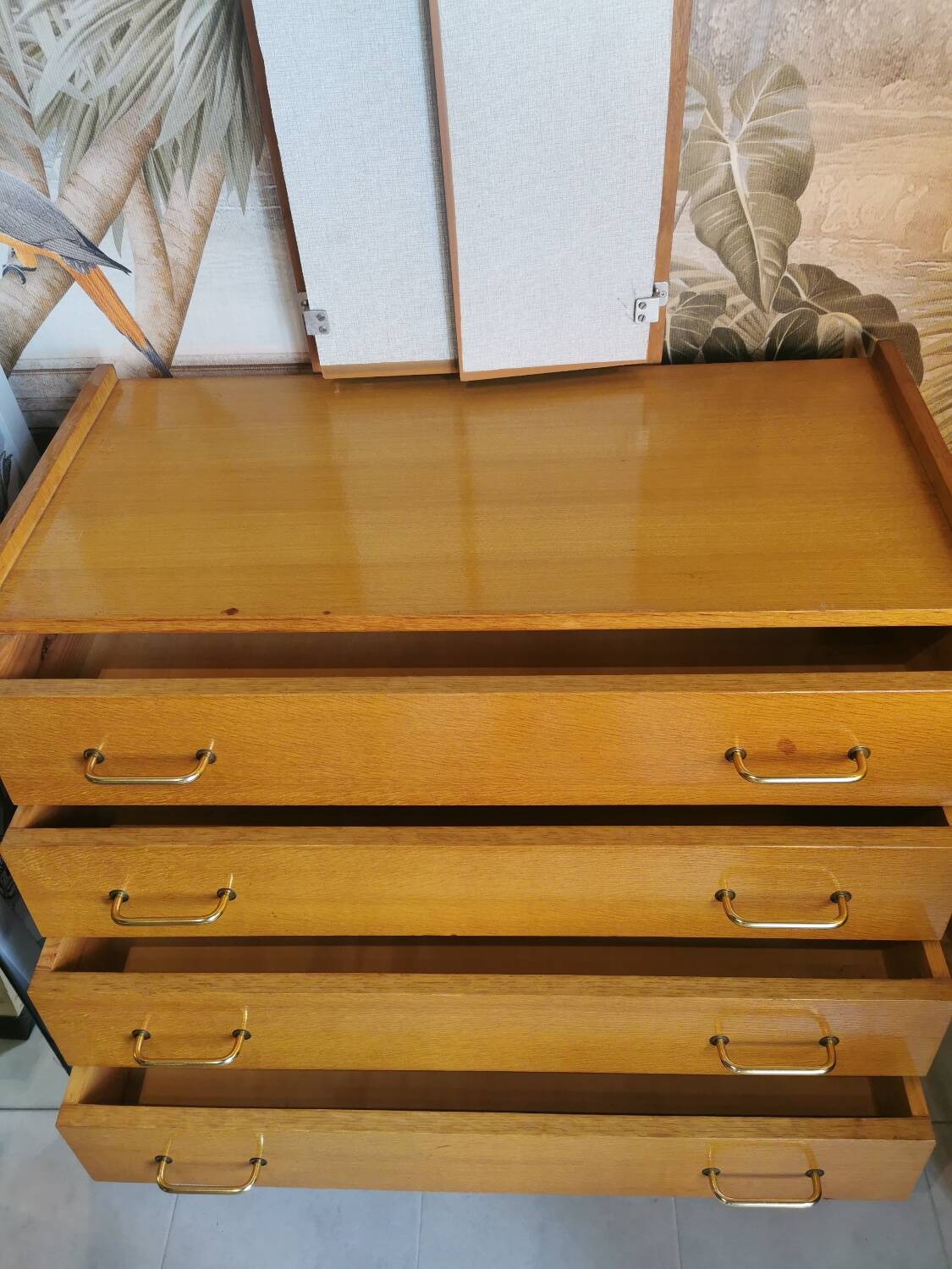 Vintage chest of drawers with compass legs and triptych mirror