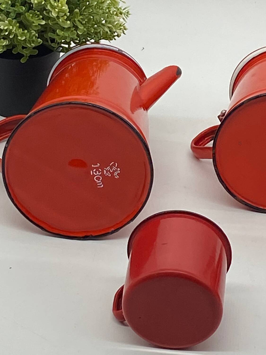 Set of red/white enameled metal coffee makers, vintage