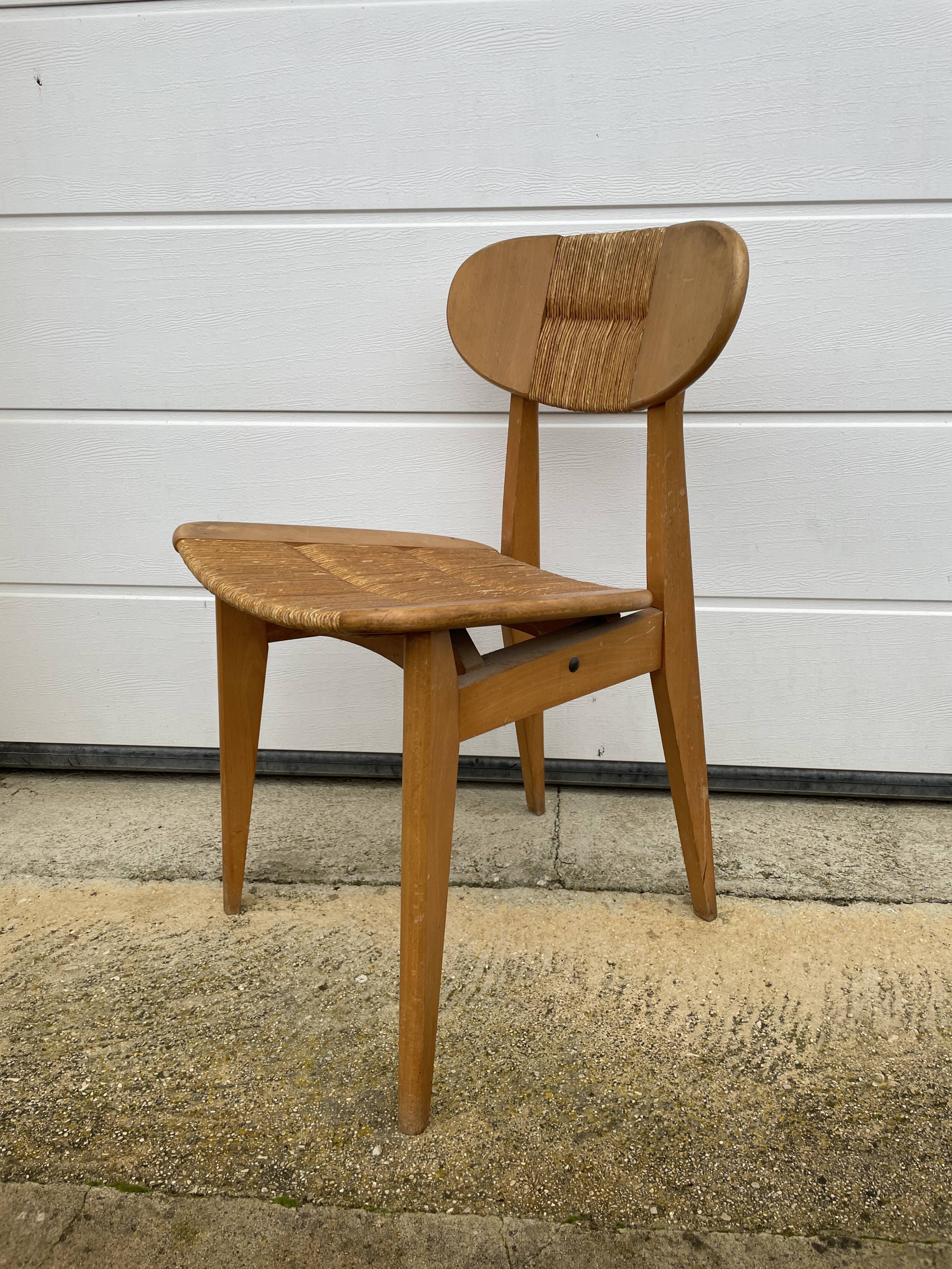 Série de 4 chaises paillées 1950 Roger landault  éditeur robert sentou