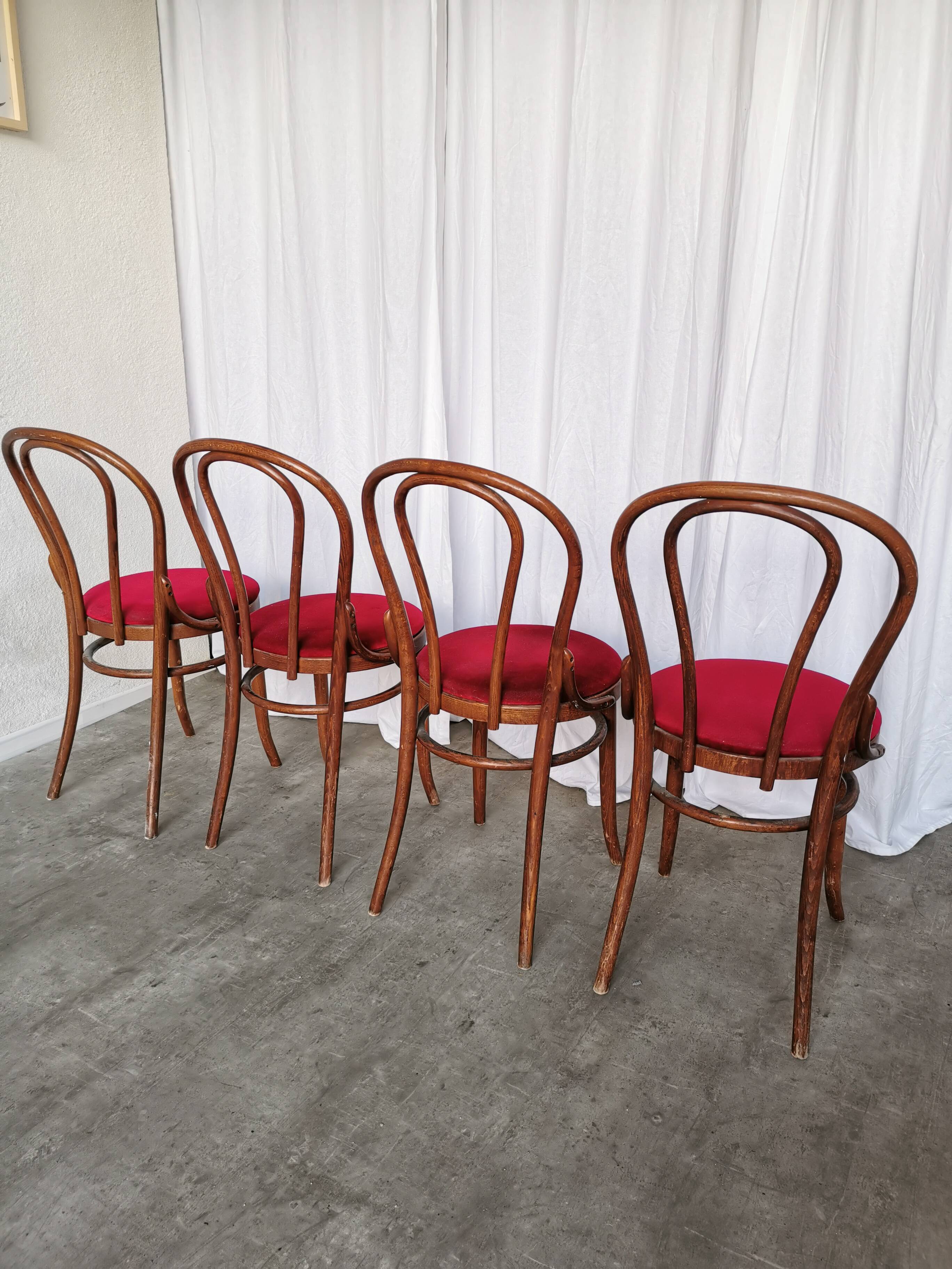 Set of 4 Vintage Bentwood Bistro Chairs, Red Upholstery