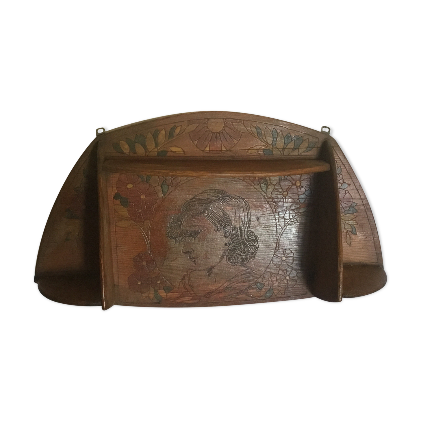 Shelf wood decoration 1900 pyrograved art nouveau art deco signed gallé era, majorelle