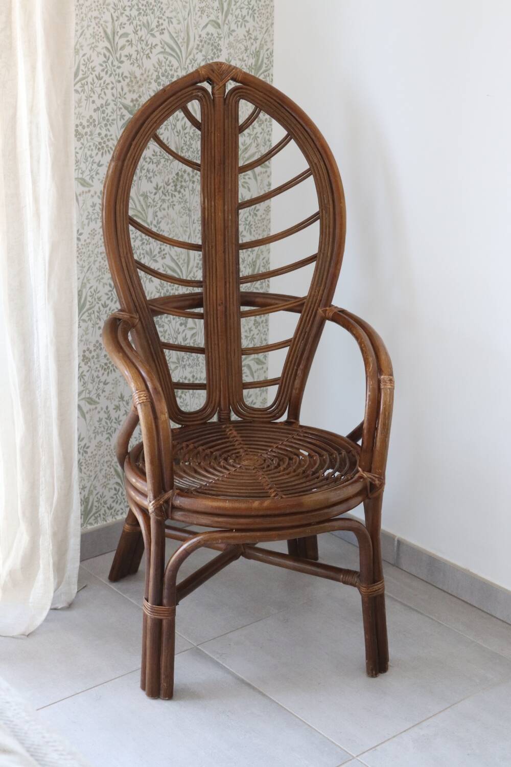 Fauteuil feuille bambou et rotin 1970 vintage