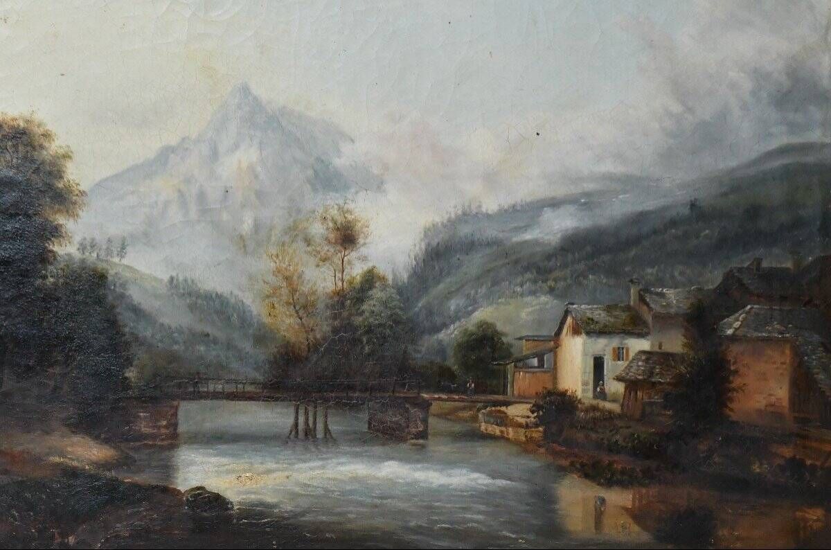 French school of the 19th century Oil on canvas House by the river