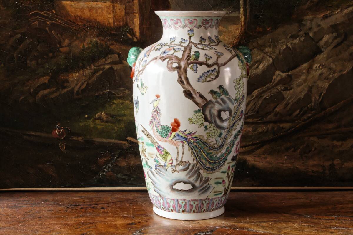 Chinese porcelain vase, peacocks, birds, trees, peonies