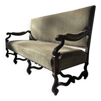 Intemporelle Banquette XIXe style Louis XIV noyer, pieds os de mouton