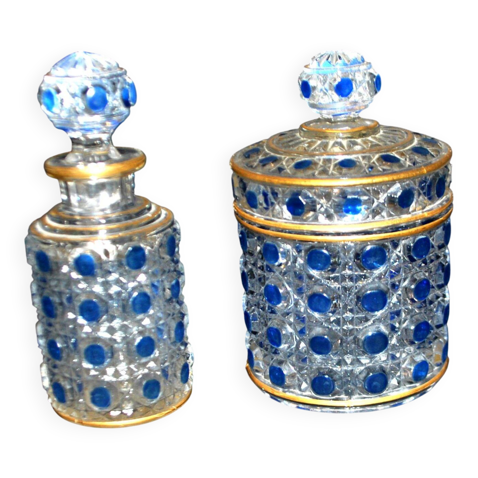 Baccarat bottle and box, antique diamond gemstones in moulded crystal, signed.