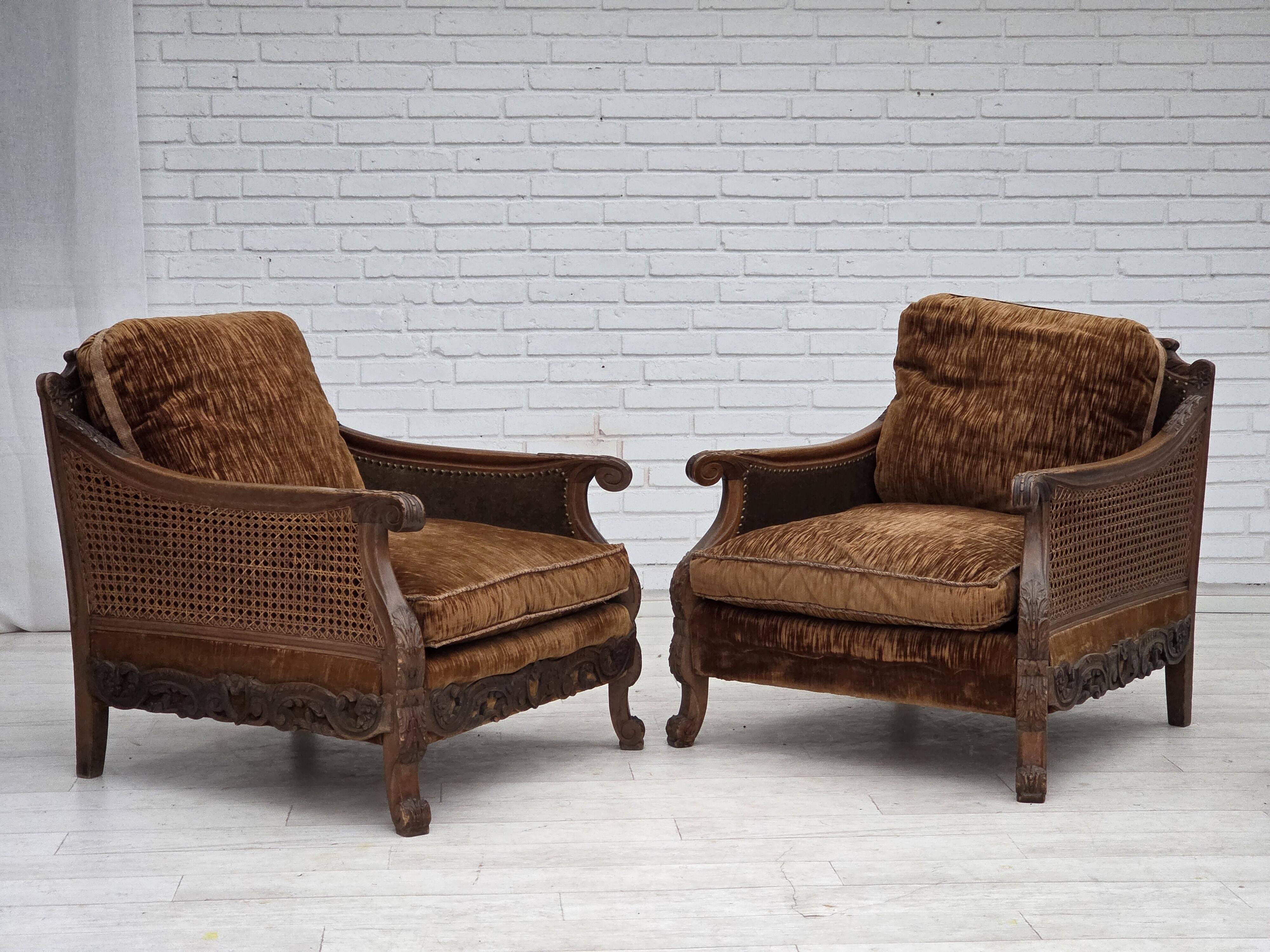 1930-35s, Danish armchair, furniture velour, furniture mesh, ash wood.
