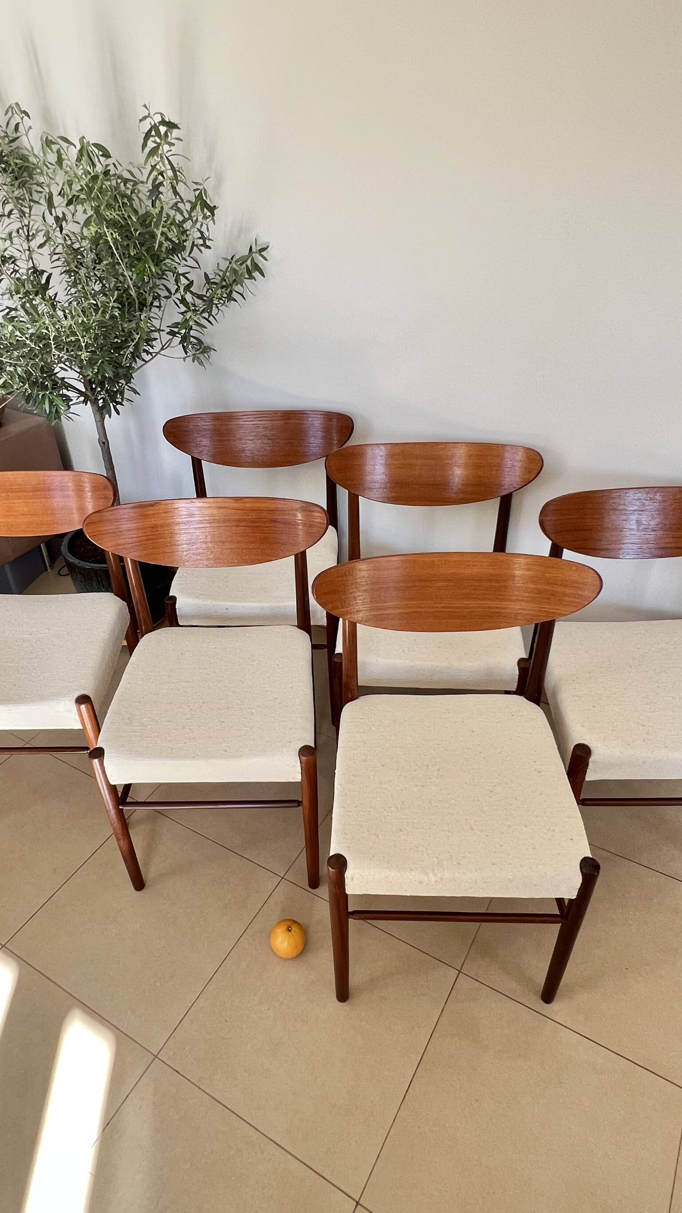 Set of 6 Scandinavian style Danish teak upholstered chairs. 1960s