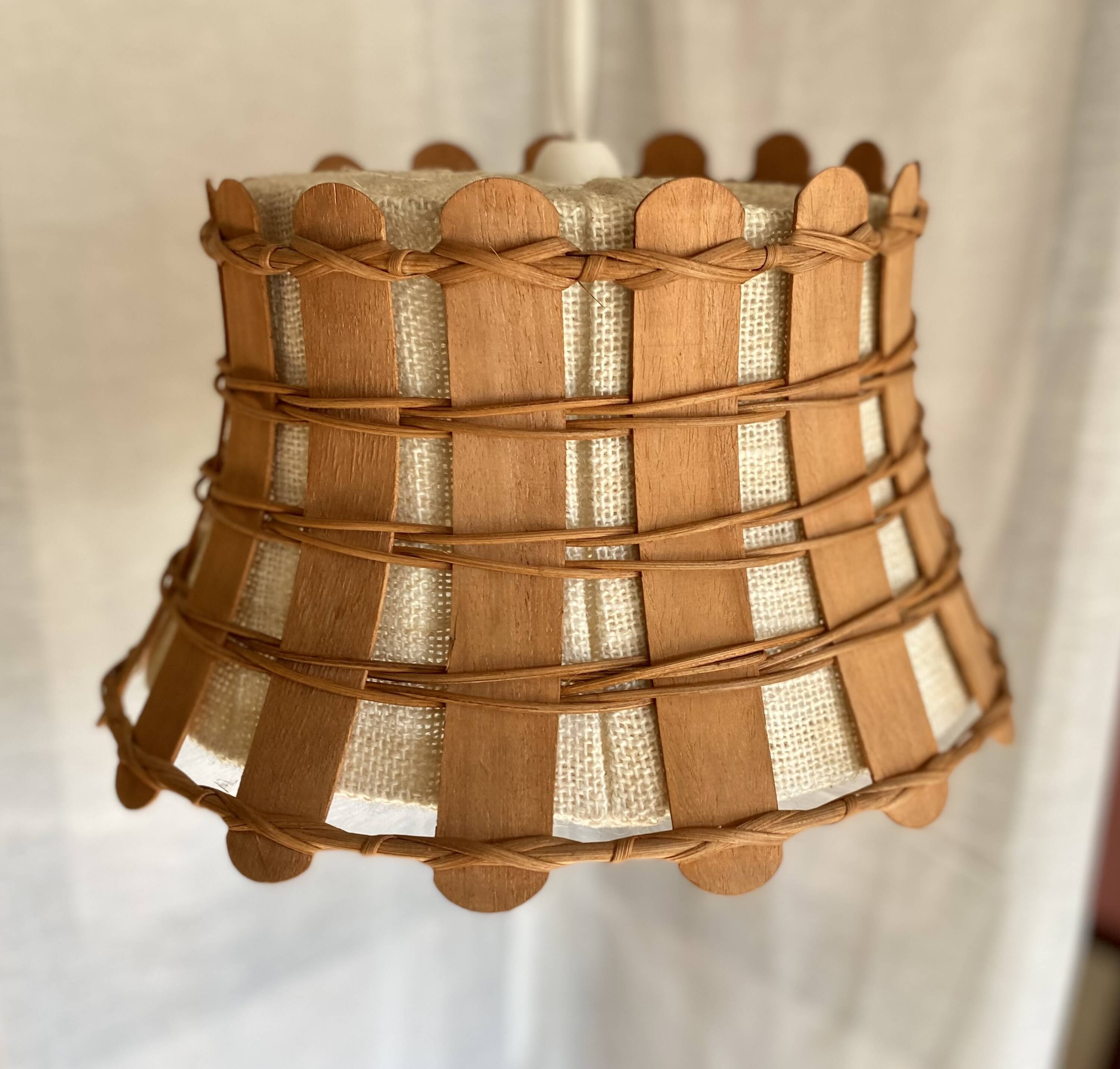 Shabby chic vintage 1960s canvas and wood pendant light