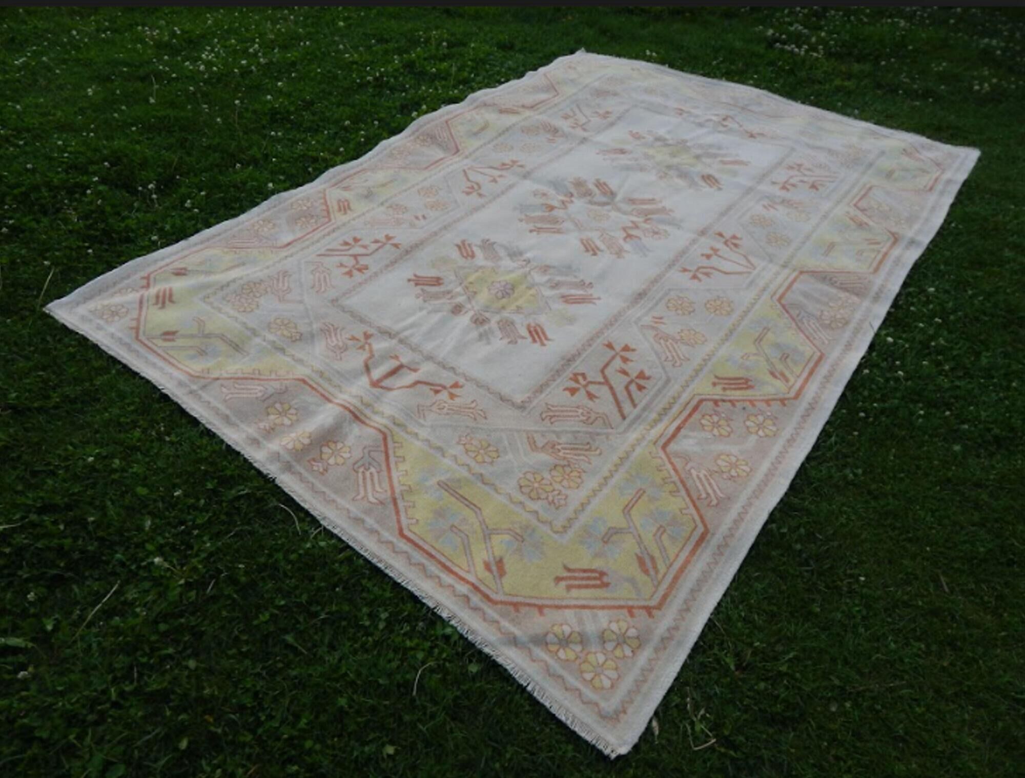 Hand-knotted orange low pile wool oushak rug 6′5″ × 9′5″ (195 x 287 cm)