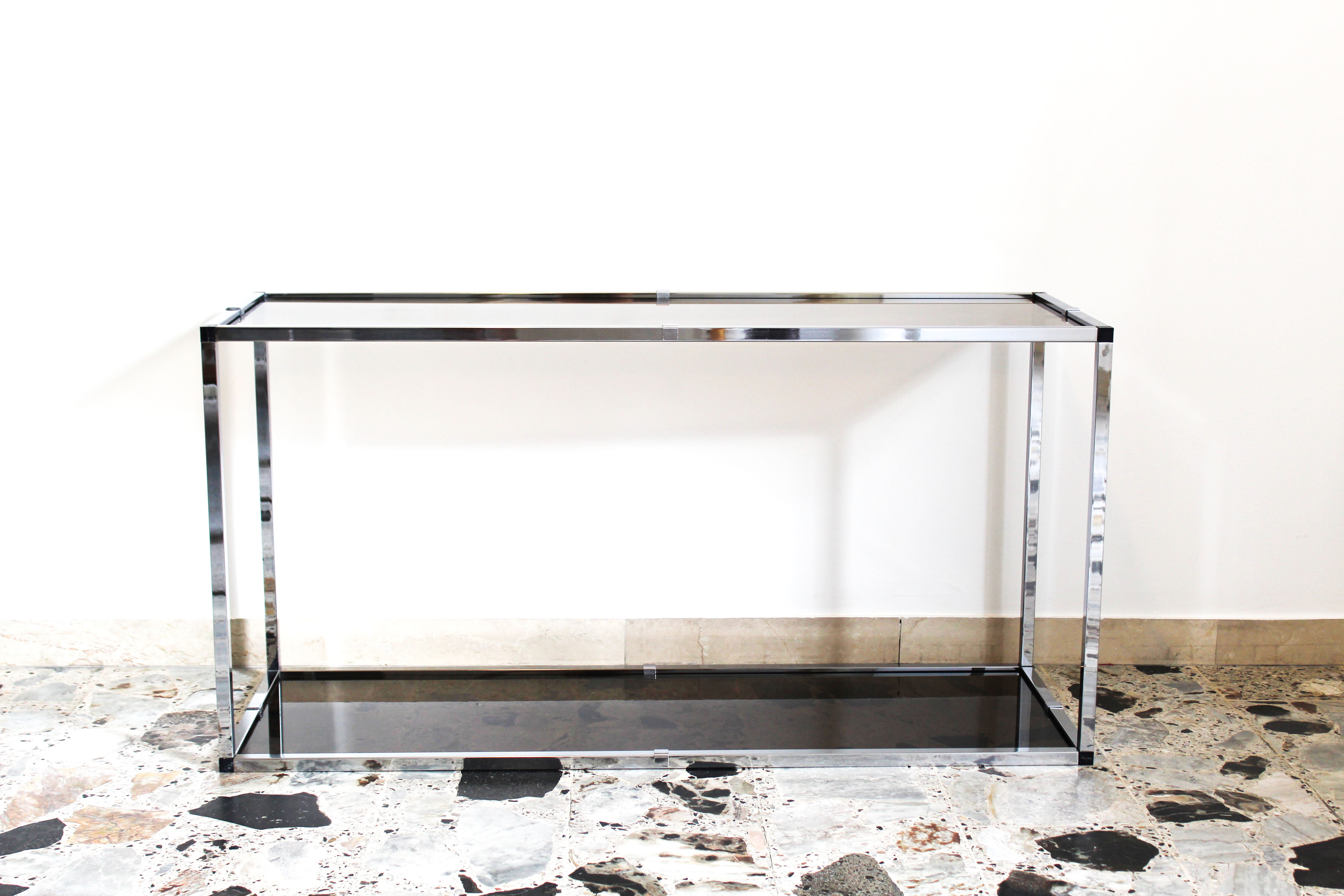 Console in chromed metal and smoked glass, Italy 70's