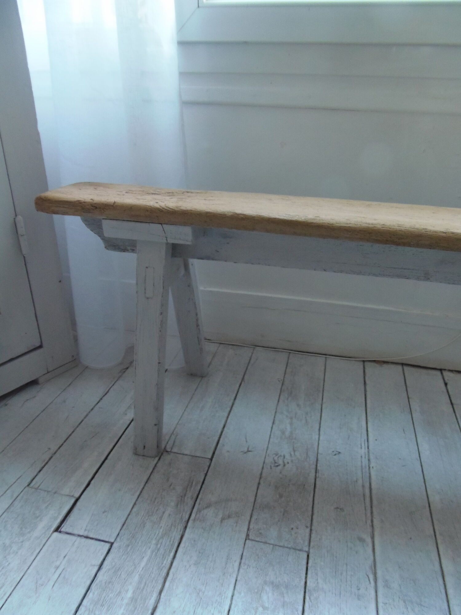 Farmhouse bench, pearl grey patinated oak bed, wood seat waxed finish.
