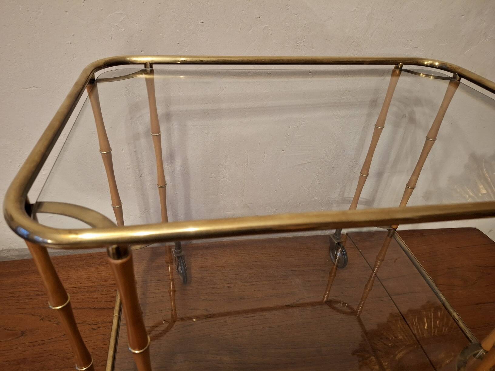 Faux bamboo cocktail trolley bar cart attr. Maison Jansen, France 1950s-60s