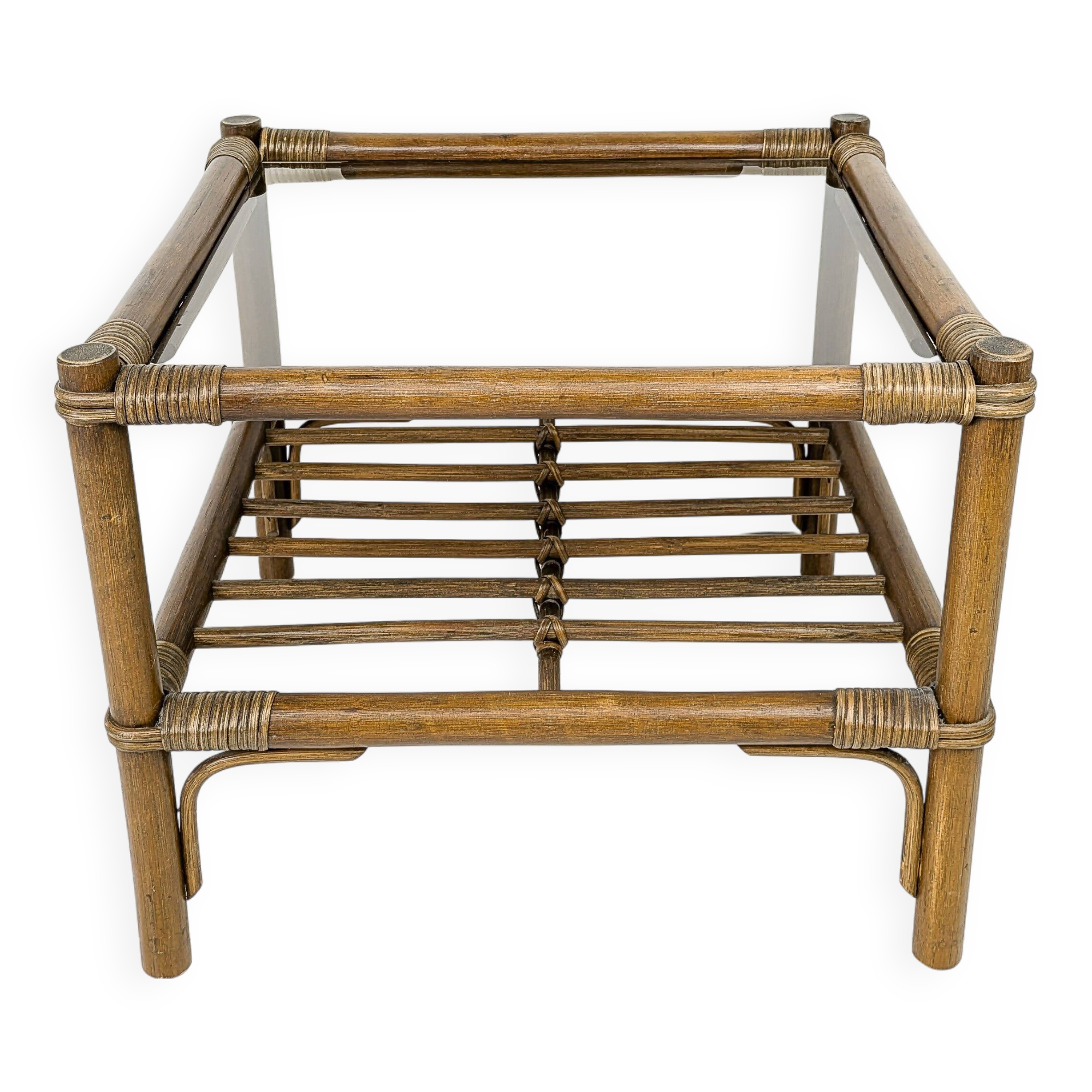 Table basse en bambou marron foncé plateau en verre Mid Century Vintage Rattan Skandi Boho Danish De