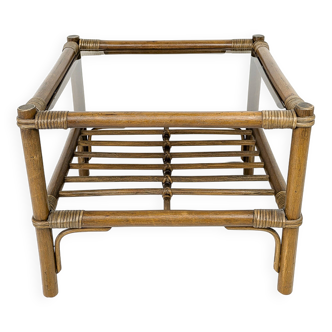 Table basse en bambou marron foncé plateau en verre Mid Century Vintage Rattan Skandi Boho Danish De