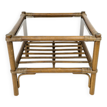 Table basse en bambou marron foncé plateau en verre Mid Century Vintage Rattan Skandi Boho Danish De