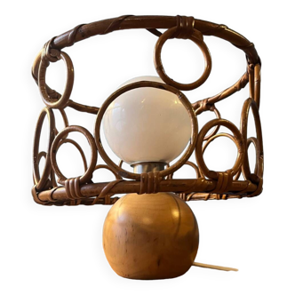 Solid wood ball lamp with opaline globe bamboo surround