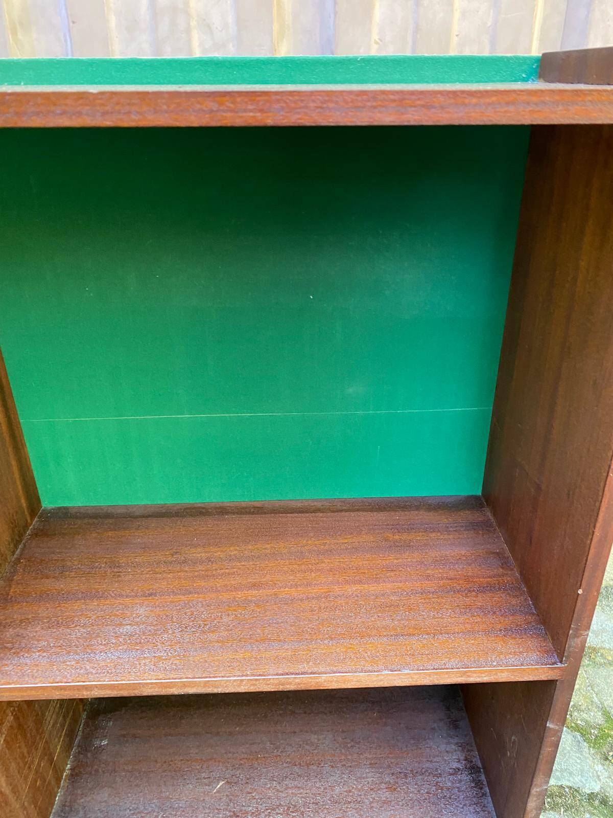 Vintage Scandinavian shelf from the 1960s in wood with green velvet.
