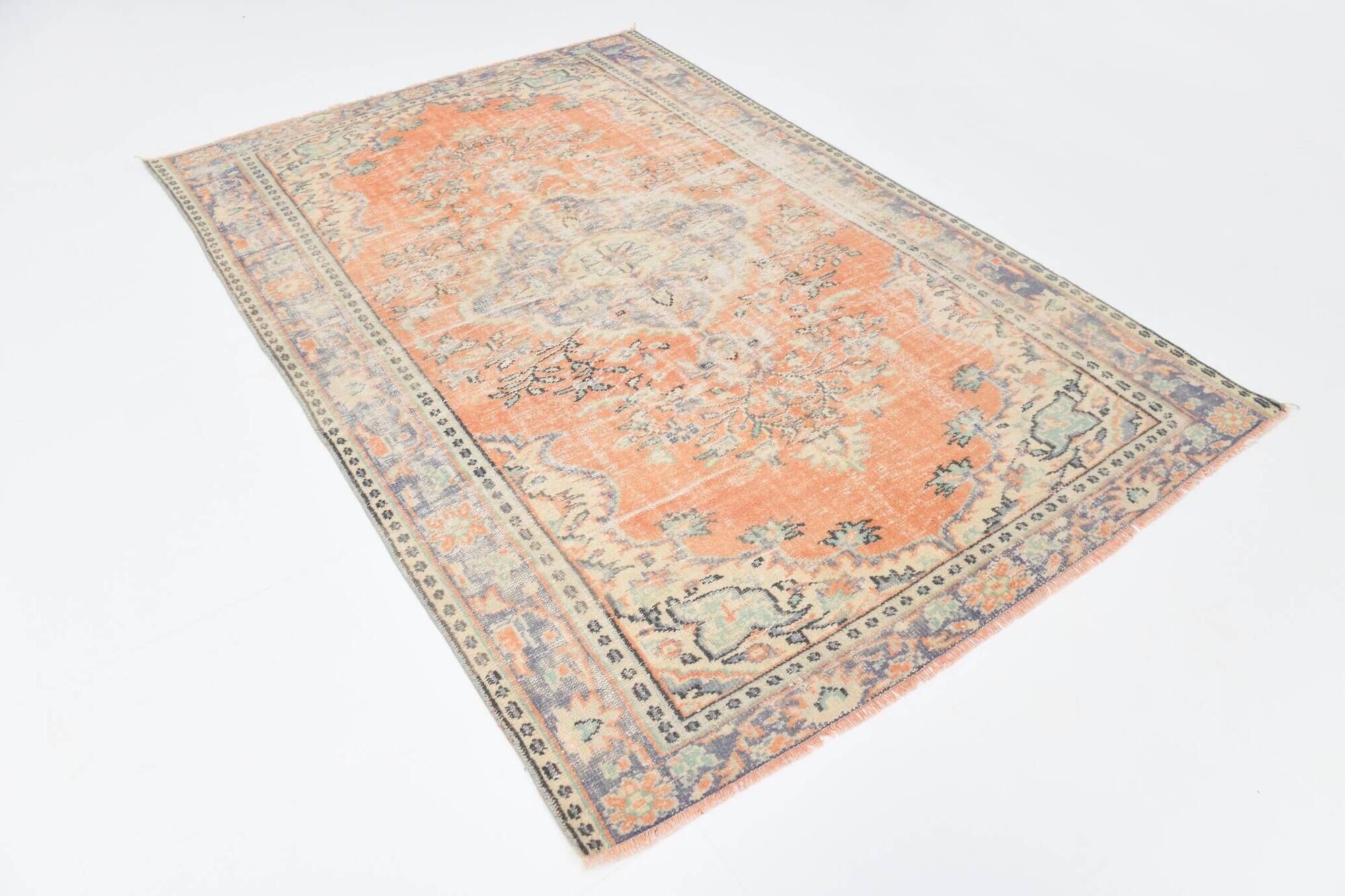 Apricot Tones Pastel Handwoven Turkish Vintage Carpet Rug, 177x273 Cm