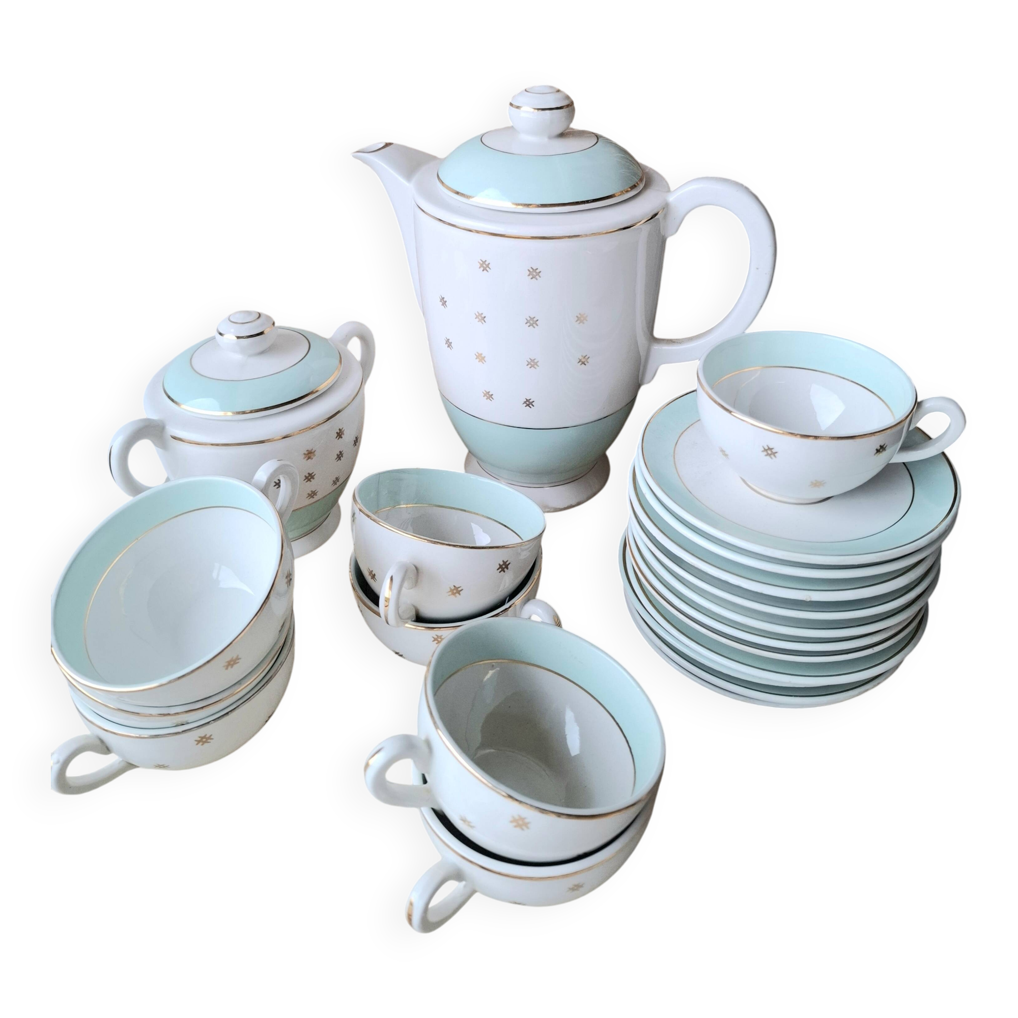 Vintage white and aqua tea service - gold trim - Luneville