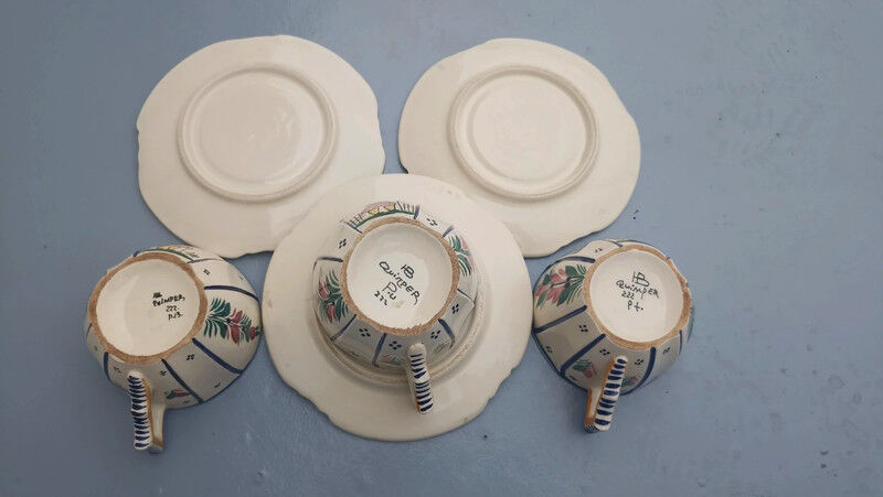 3 cups and 3 numbered Henriot Quimper earthenware saucers