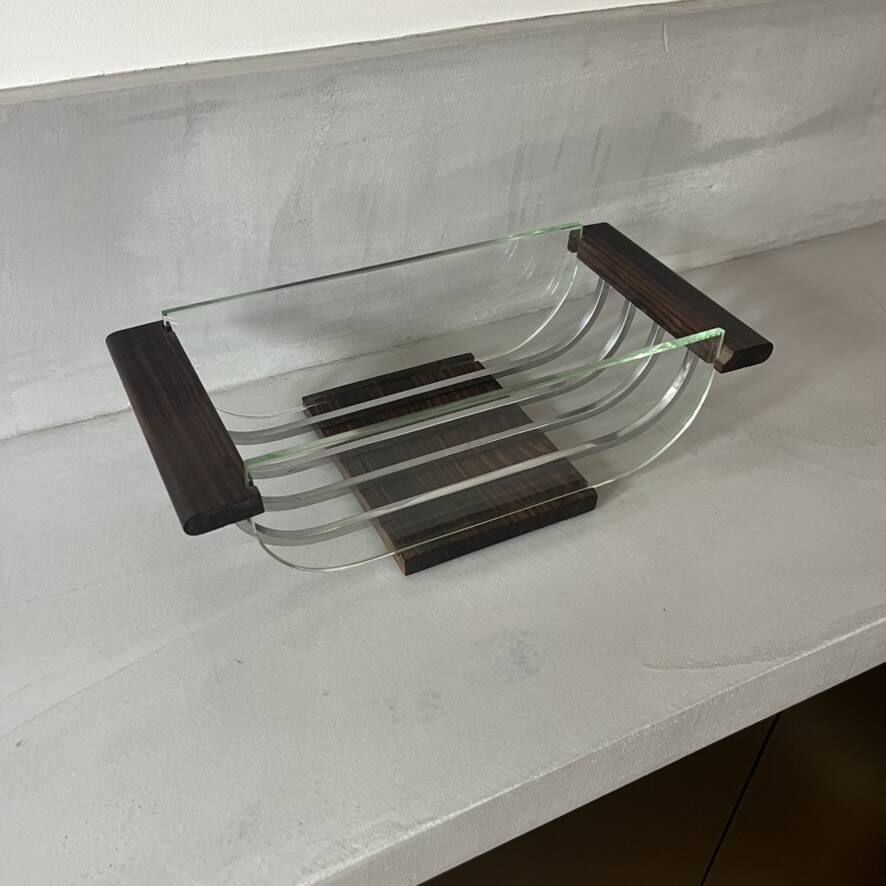 Art Deco fruit bowl or catchall in wood, glass, and metal.