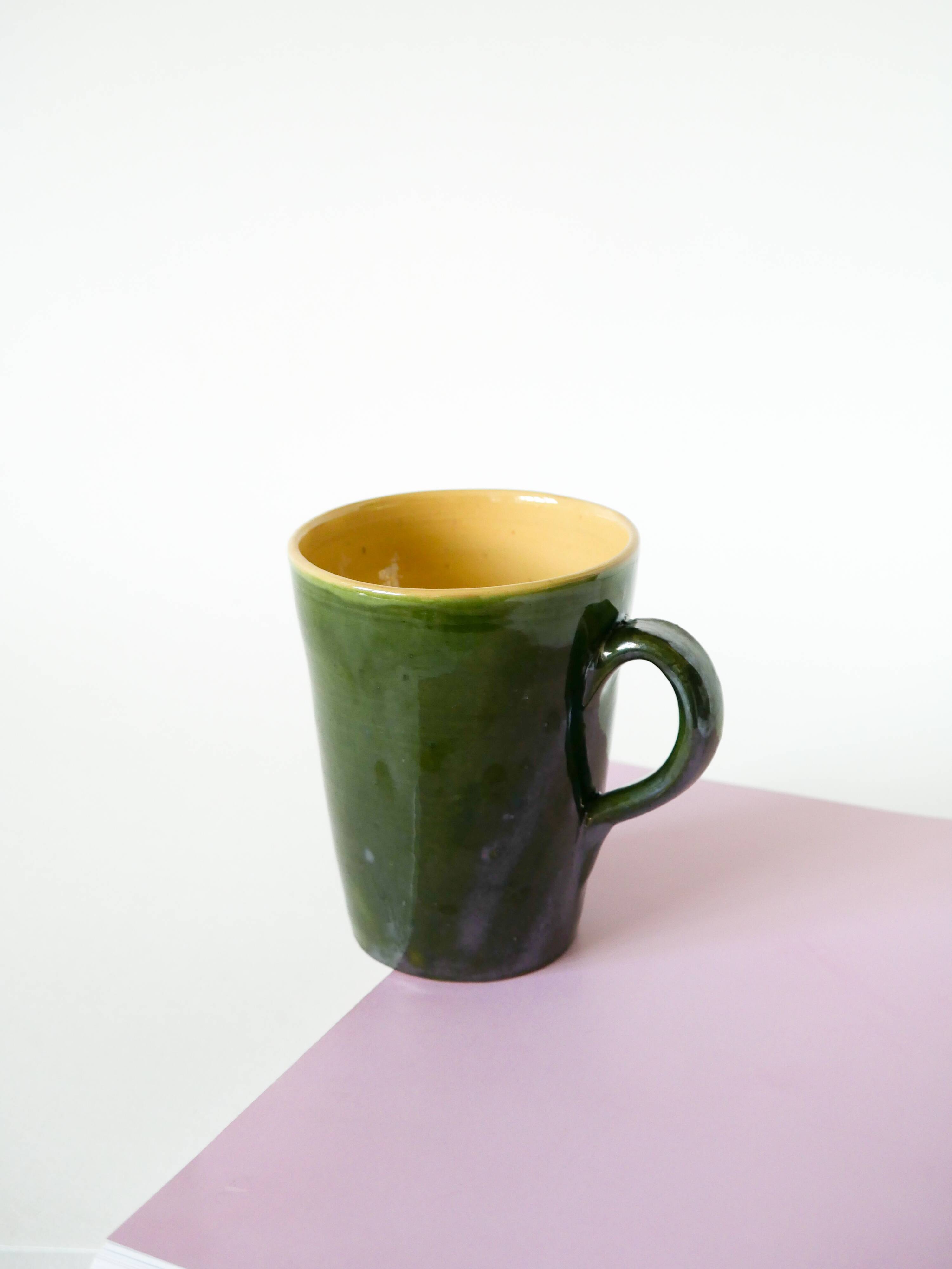Set of 4 green mugs in glazed stoneware, ceramic, 1970