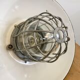 Black Enamel and Cast Iron Industrial Cage Pendant Light, 1950s