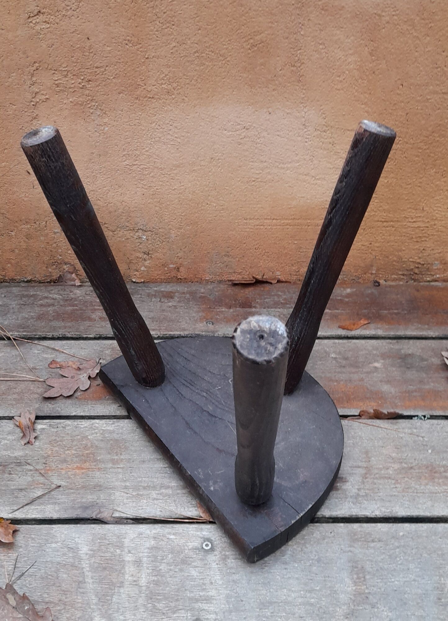 Old farmhouse stool in solid wood, brutalist & authentic, circa 1970's