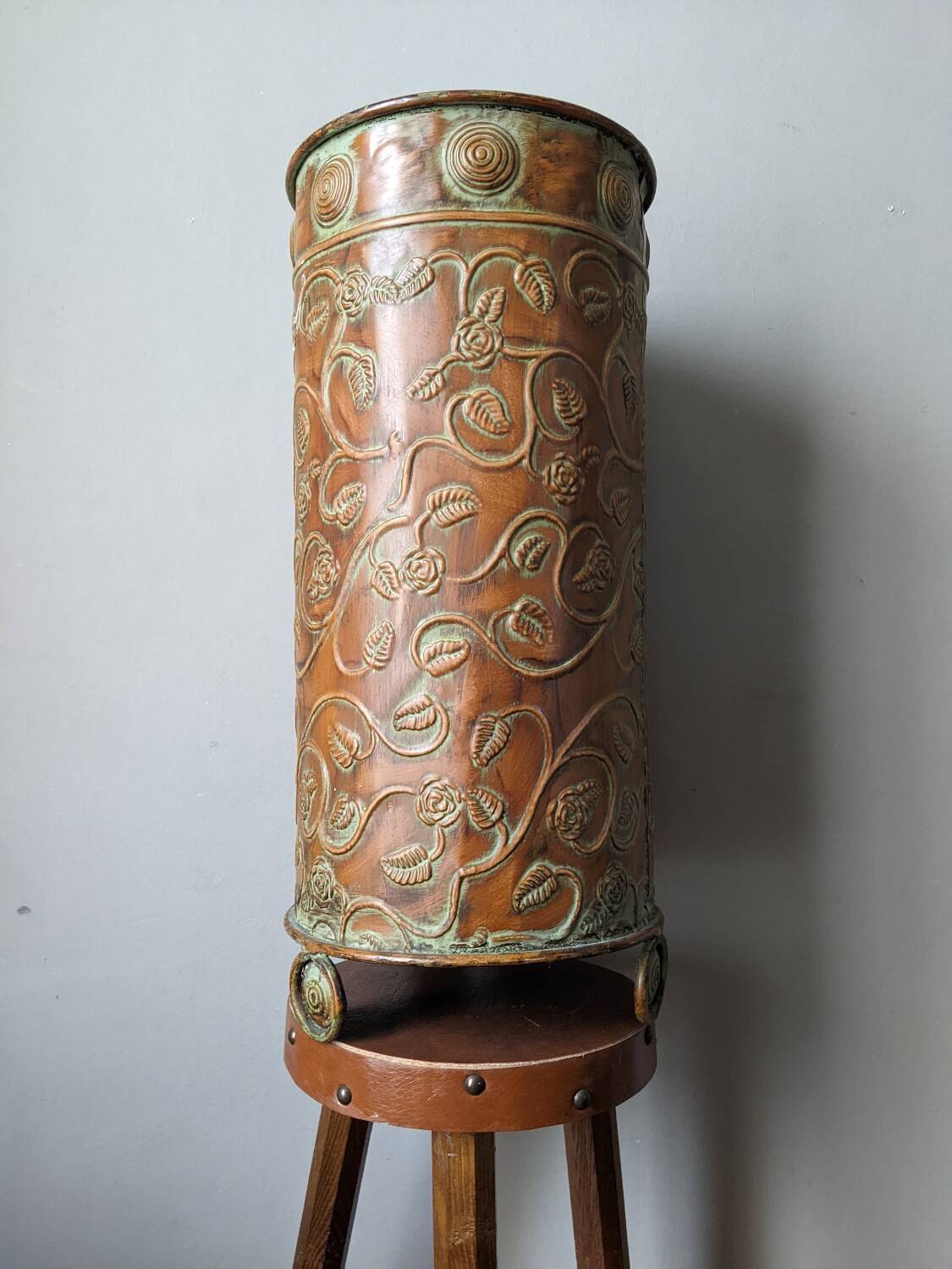 Metal repoussé umbrella stand bohemian country decor