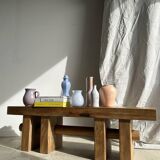 Solid wood bench with openwork base crossed by a cylinder - Mango wood