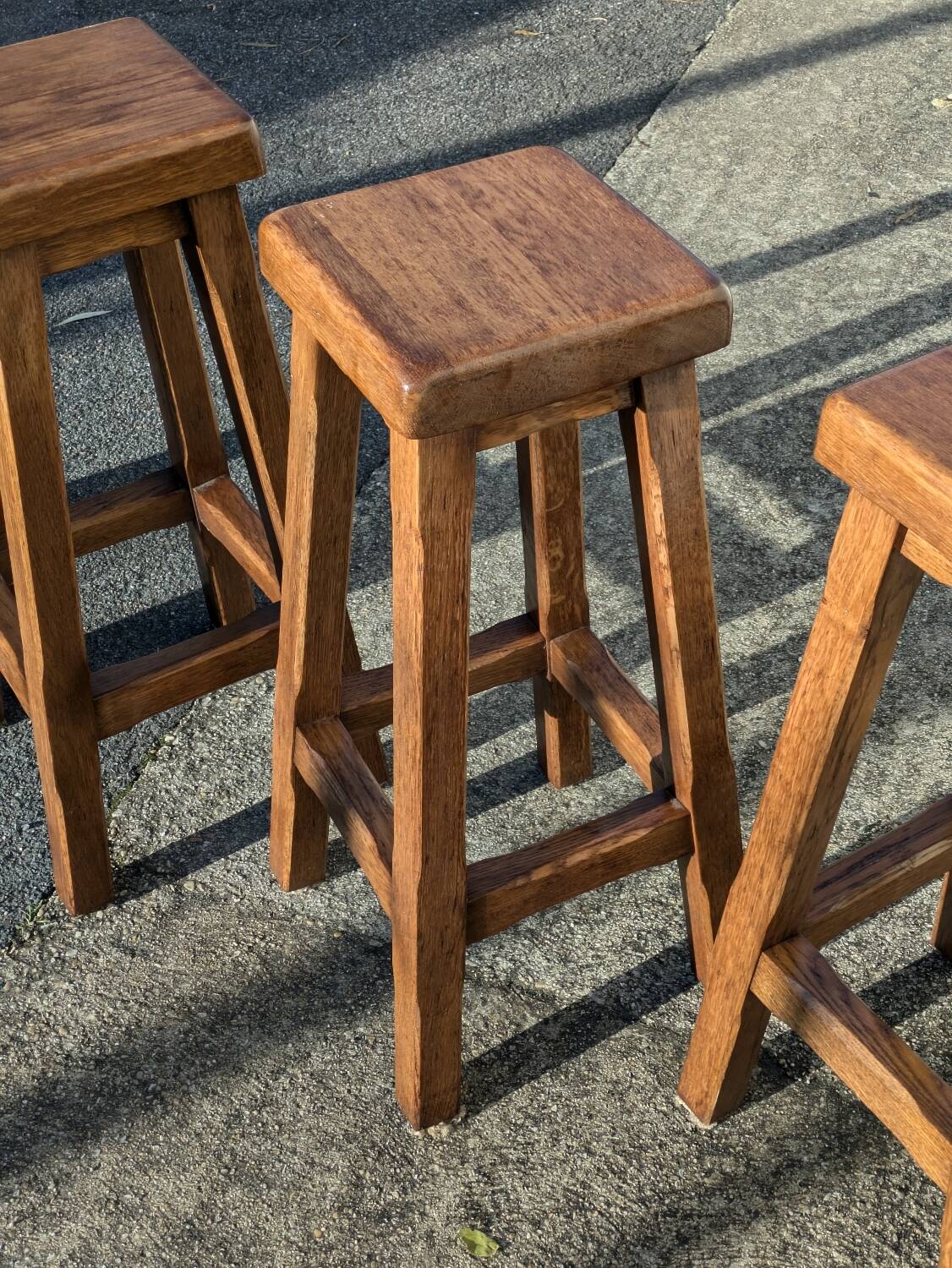 4 Bar Stools, Brutalist Solid Wood Vintage
