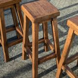 4 Bar Stools, Brutalist Solid Wood Vintage