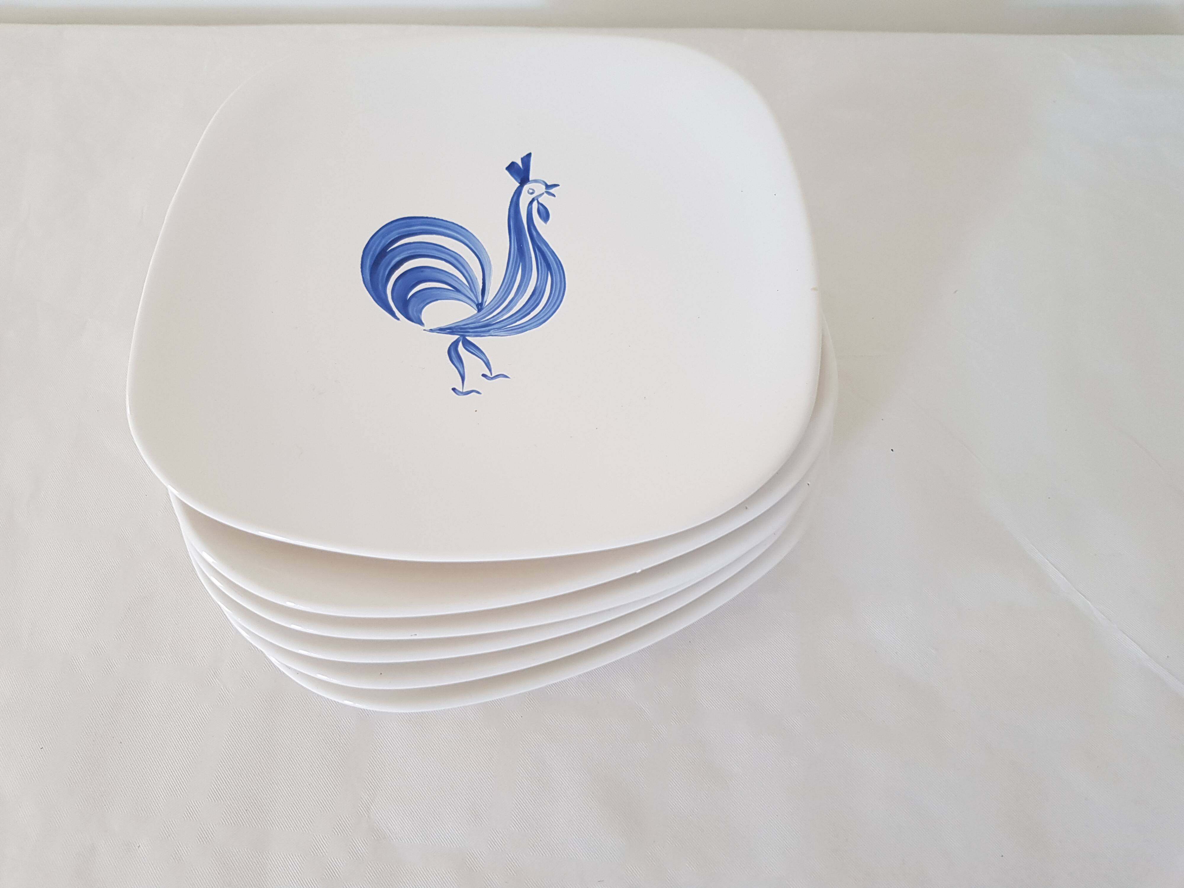 Set of 6 Longchamp dessert plates hand painted blue rooster