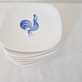 Set of 6 Longchamp dessert plates hand painted blue rooster