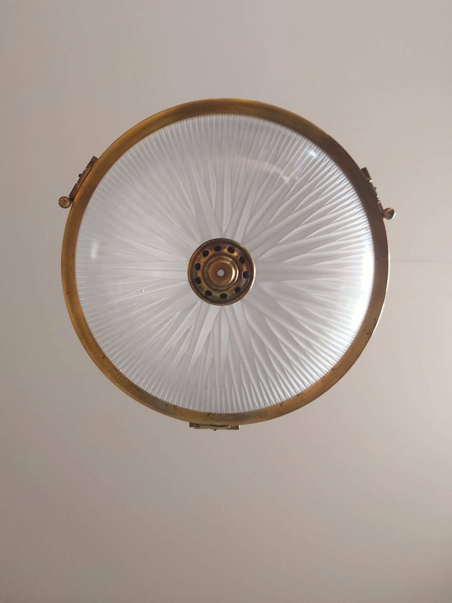 Holophane pendant lamp in prismatic glass and brass, 1920s-30s