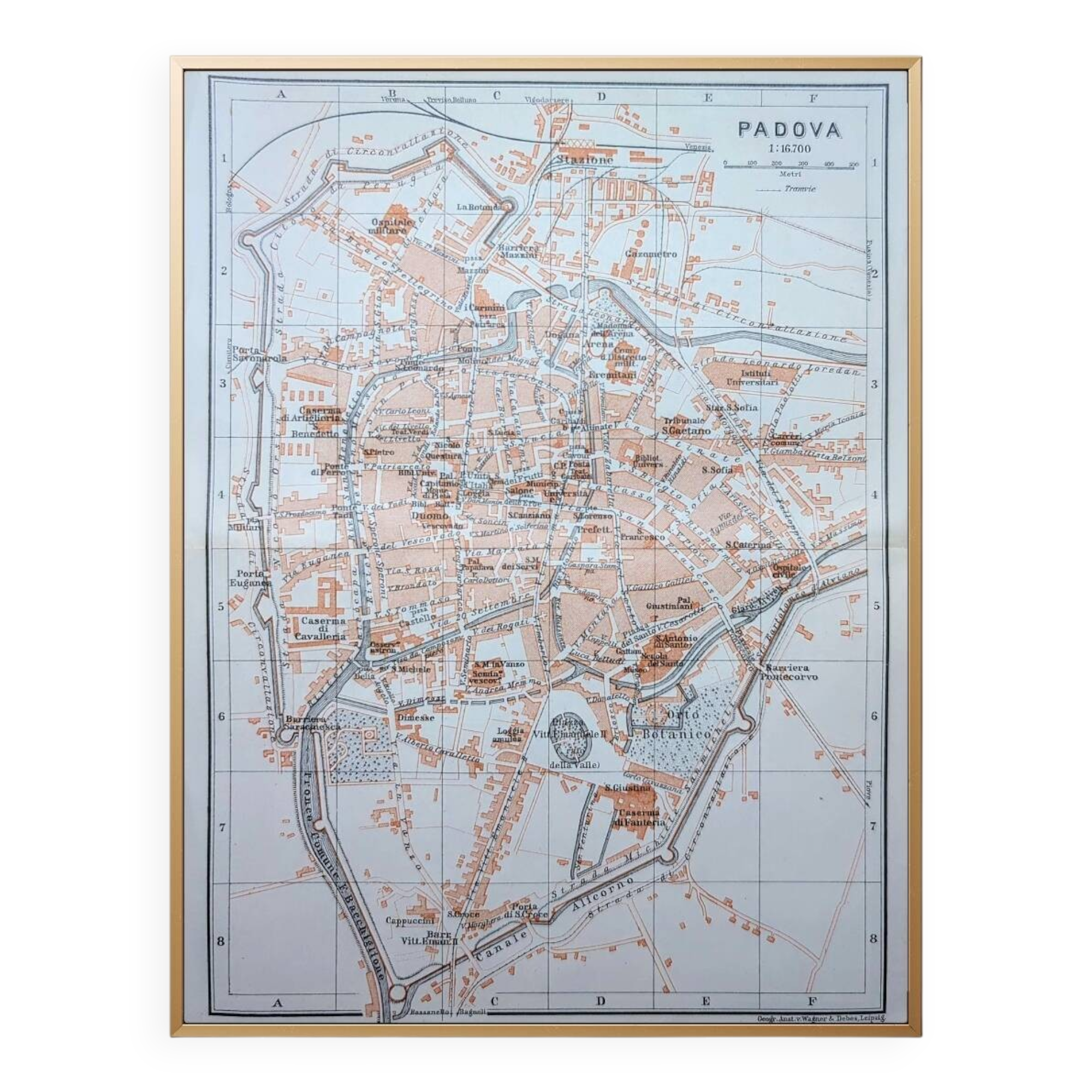 Printed in 1909, map of Padua (Padova), Veneto, Italy.