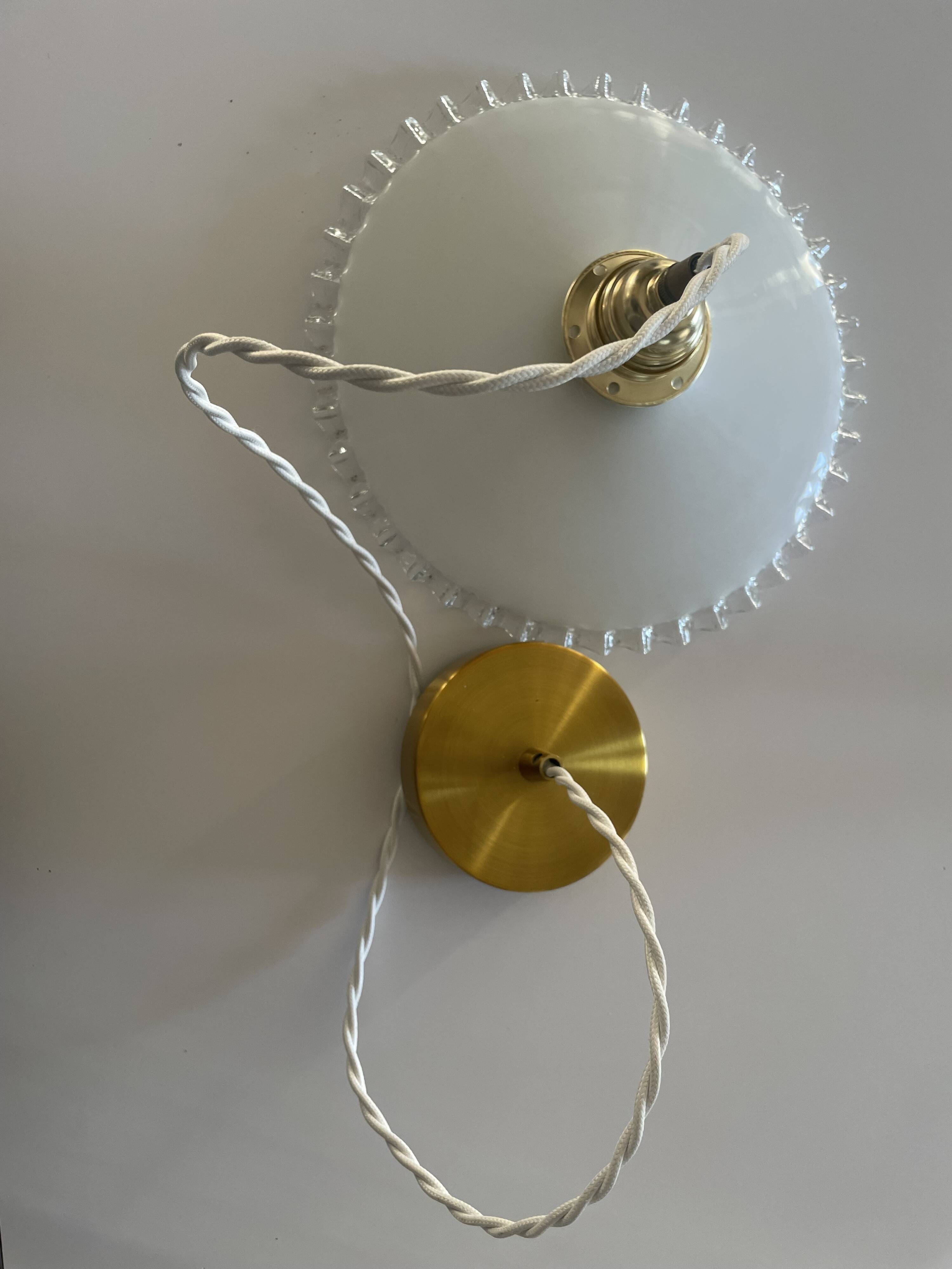 Vintage scalloped opaline glass and gold-tone metal pendant light