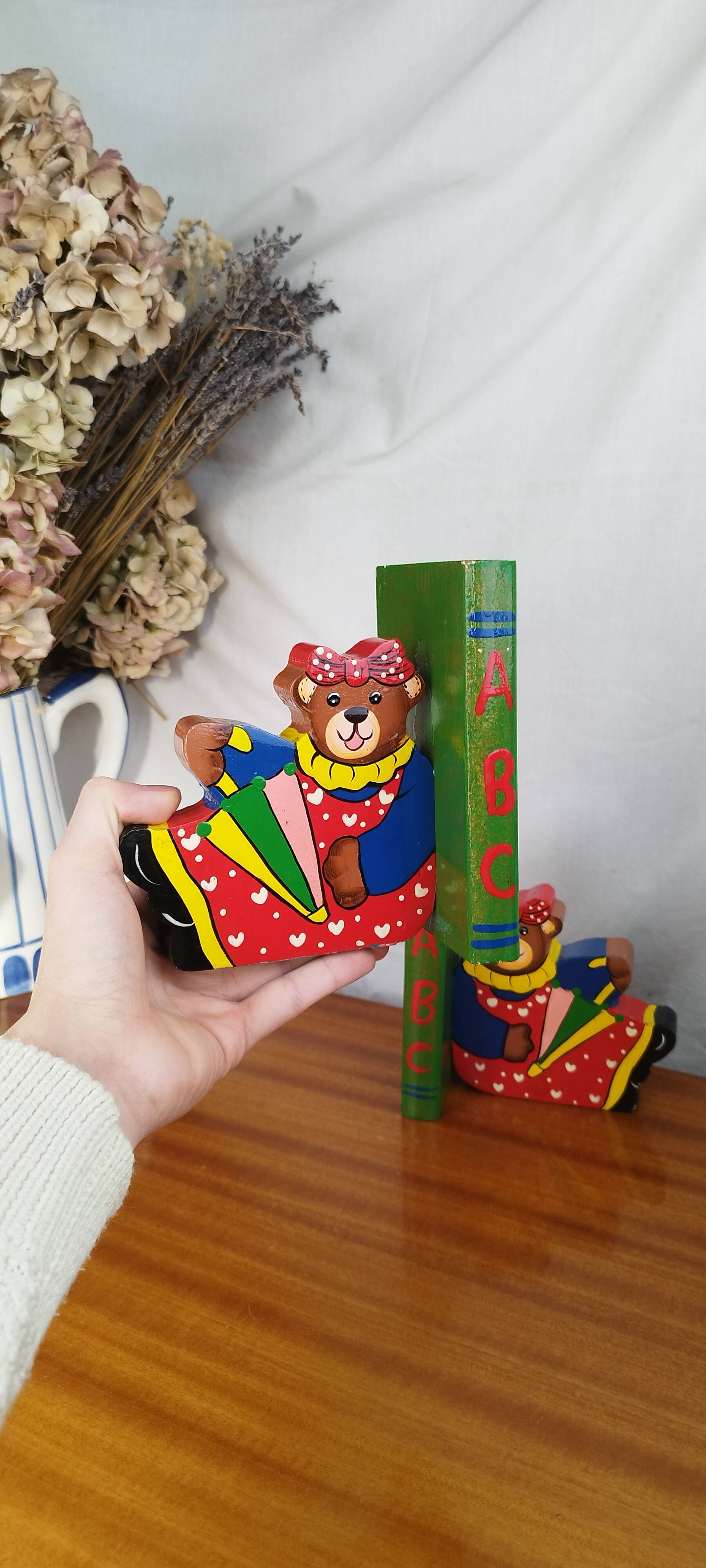 Vintage wooden bookends for kids, bear & books polychrome