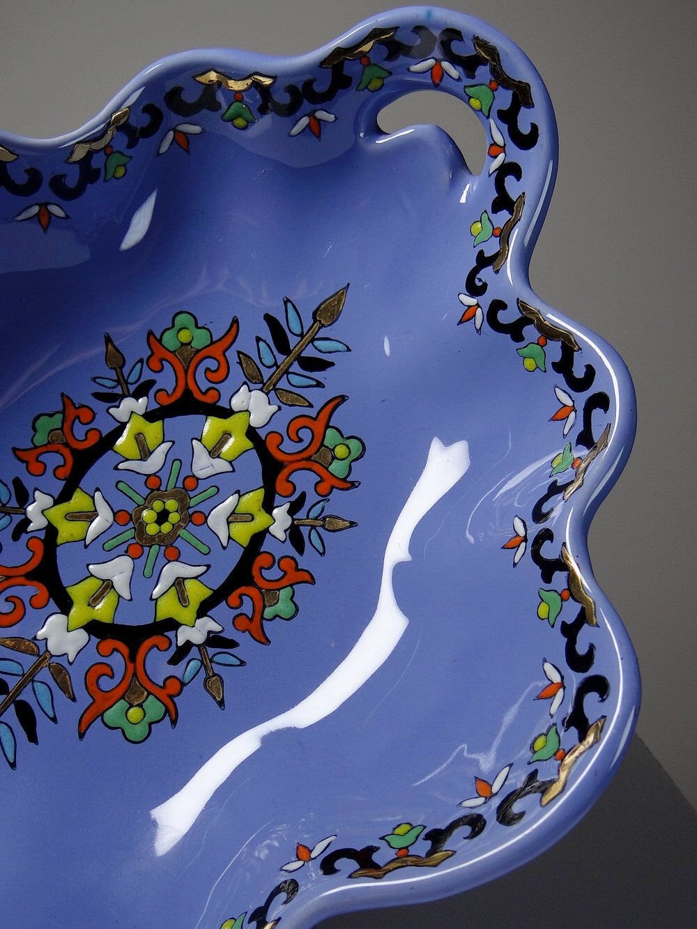 Vintage Chartres model faience and enamel pocket bowl from Longwy.