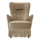 Fauteuil danois des années 1960 en velours d'ameublement vert/marron, état d'origine.