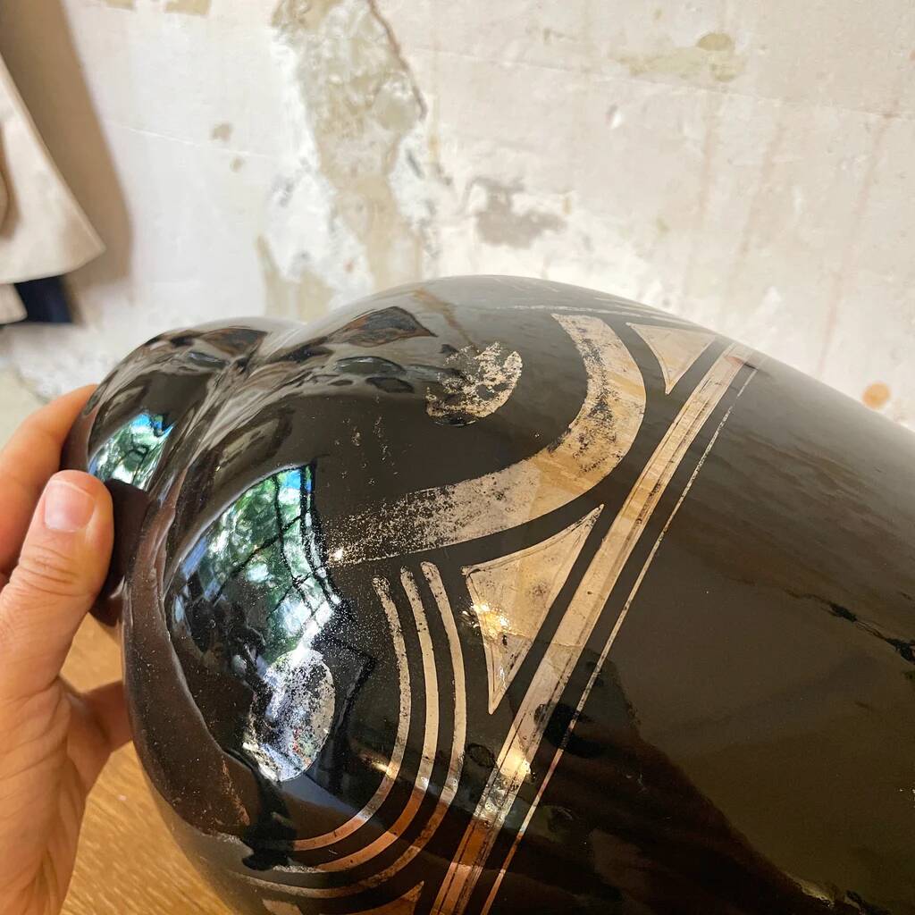 Large black and silver art deco vase